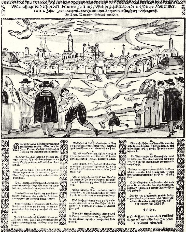 Illustration de la "boule de feu" observée à Augsburg le 17 novembre, avec le texte de la chanson relatant l'événement