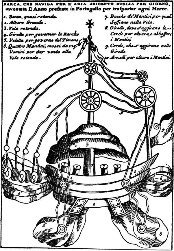 Conception fantastique d'un "bateau volant", attribu&eacute;e &agrave; l'inventeur portuguais Louren&ccedil;o de Gusm&atilde;o 