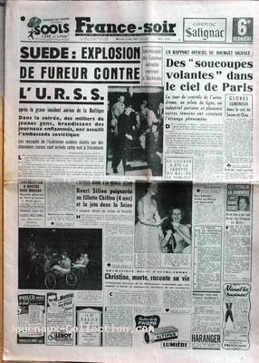 France Soir du 18 juin, titrant : Des "soucoupes volantes" dans le ciel de Paris. La tour de contrôle de l'aérodrome, un pilote de ligne, un ... et plusieurs ???? témoins ont constaté l'étrange phénomène