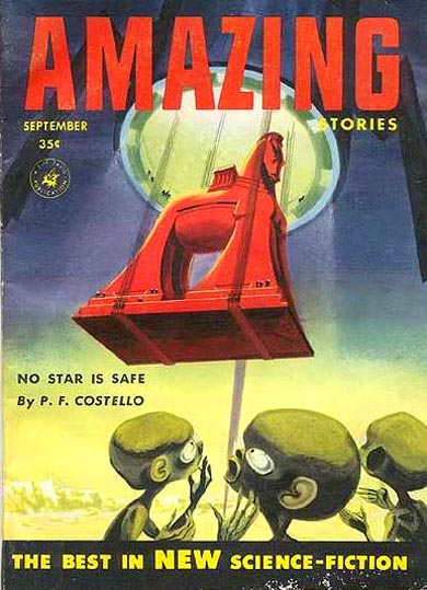 Couverture du n&deg; de Amazing Stories de ce mois-ci, montrant des "petits hommes verts"