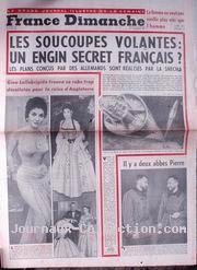 France Dimanche n&deg;&nbsp;427 du 31 octobre, titrant : Les soucoupes volantes : un engin secret fran&ccedil;ais ? Les plans con&ccedil;us par les allemands sont r&eacute;alis&eacute;s par la ... 