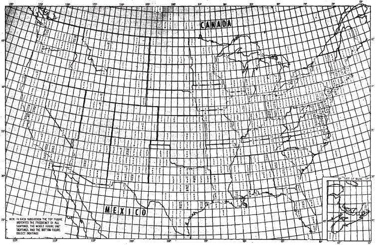 Figure 31 - Fr&eacute;quence des observations d'objet, unitaires et en totalit&eacute; dans les Etats-Unis 1947-1952, par subdivisions de 1 &deg; de latitude et longitude