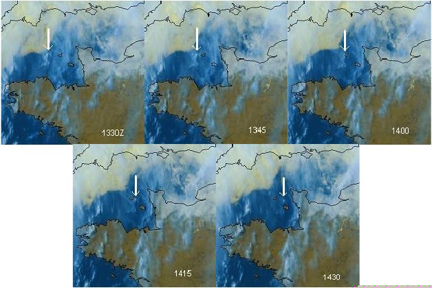 Figure 36 - 8 images METOSAT horodat&eacute;es de 1330 &agrave; 1430Z, le 23 avril 2007, r&eacute;solution de 4&nbsp;km