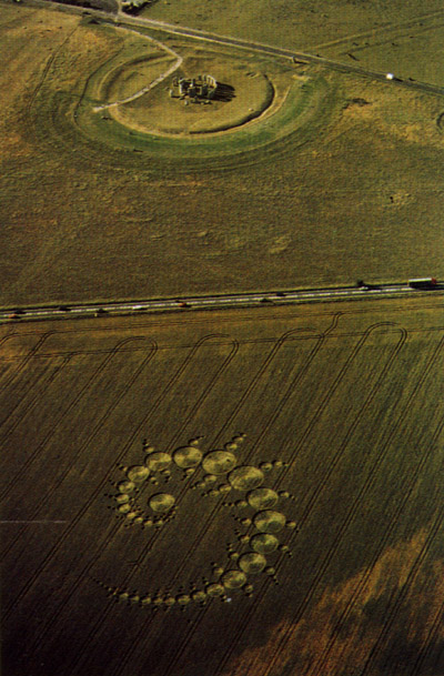 Un crop circle fameux apparu près du site de Stonehenge, et surtout à côté      d'une route très fréquentée
