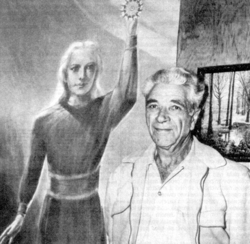 Adamski posant à côté d'une illustration de son émissaire Vénusien
