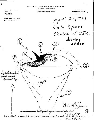 Dessin de Spaur fait le 23 avril sur une lettre à en-tête du NICAP avec    une projection, inclinée de l'arrière, de 18' de long (1), un sommet en forme de dôme (2), l'avant luisant (3), une    lumière en forme de cône en-dessous (4), un tip luisant sur le bord arrière (5), la surface métallique (6), un    "drop-off" sharp (7), un "undercarriage" arrondi (8) et une ligne séparant les portions métalliques de celles    émettant de la lumière (9)