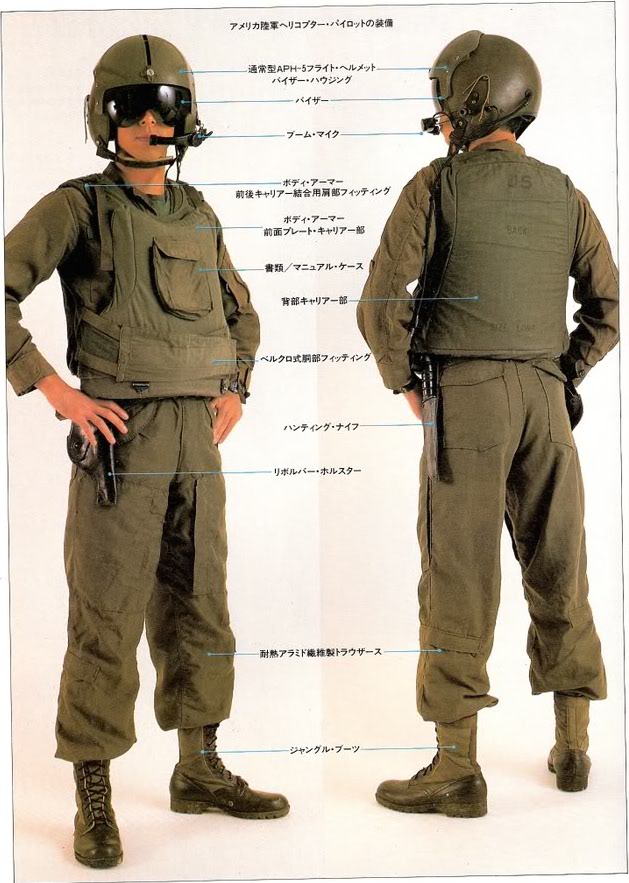 Combinaison gris-vert, tête disproportionnée et chauve... c'est aussi un pilote d'hélicoptère US à        cette époque s6Shirakura, Takeo: "U.S.Army                Helicopter Pilot around 1970", PX n° 15, 1988