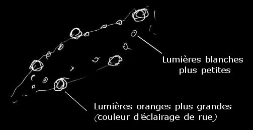 Dessin de CRM2, montrant plusieurs lumières oranges (dq>leur semblable aux luq>s de la rue)          globalement arrangées selon un ovale allongé. Entre ces lumières oê des lumières blanches plus petites          distribuées le long de l'ovale.