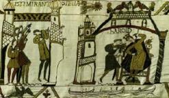 La tapisserie de Bayeux, réalisée dans les décennies des événements de 1066, inclut dans un de ses        panneaux de broderie montrant la comète traversant le ciel