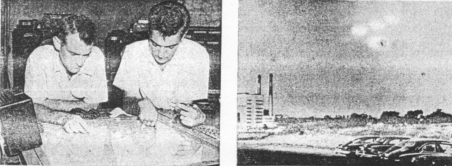 Radar operators James Copeland and James Ritchey saw "unidentified blips" on Washington National Airport's scope in    1952. Right: Photograph, July 16, 1952, by a Coast Guardsman purports to show five flying saucers over Salem, Mass.