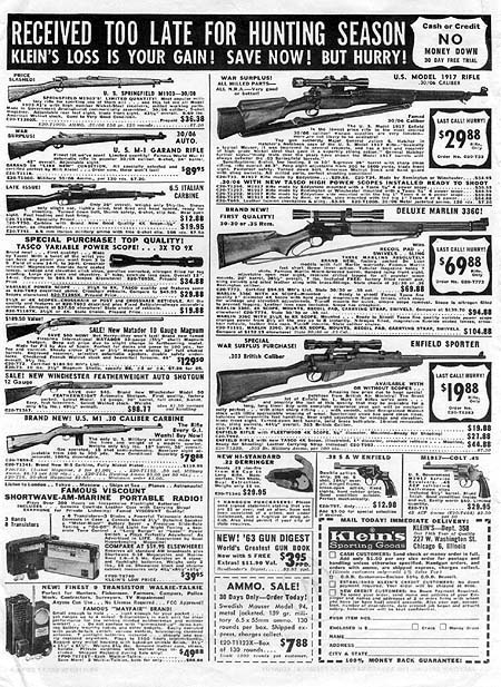 Publicité de Klein's Sporting Goods dans le n° de février 1963 du magazine American Rifleman.    Oswald choisit une carabine italienne avec lunette de visée (1ʳᵉ colonne, 3ᵉ depuis le haut) s3Life
