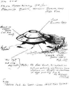Dessin de Denis Crowe, illustrateur aéronautique professionnel, d'un véhicule en forme de disque        qu'il vit décoller de la plage de Vaucluse (Sidney) le juillet 1966