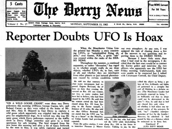 Peter Davenport (17 ans) dans un article sur l'incident le      lundi 13 s3Davenport, P.: "Reporter Doubt UFO is Hoax", Derry News, 1965-10-13