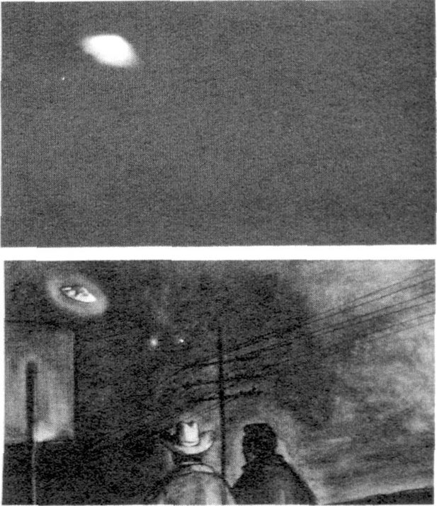 Fig. 6. St. George, Minn Sighting - Bottom: An artist's conception of the Saint George, Minnesota,        sighting of October 21, 1965. Detail in the object represents the impression given by the witnesses. Top: A        black and white reproduction of the photograph taken by Mr. Strauch. Photo and painting supplied by the Aerial        Phenomena Research Organization.