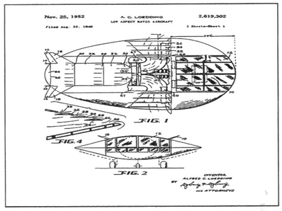 Pictured above are actual blueprints of a saucer-shaped aircraft designed and patented by Alfred    Loedding