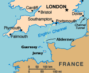 Fig.1 - Localisation des îles anglo-normandes, montrant la route du Trislander depuis Southampton vers    Aurigny