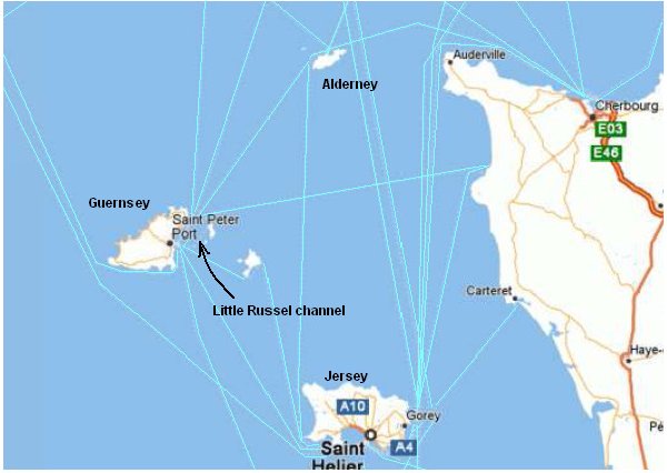 Figure 13 - Routes de navigation de navires dans les îles anglo-normandes (adapté de Multimap)