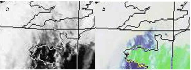 Figure 18 - images en (a) visible (b) fausses couleurs de NOAA 18, heure de survol 14:15:34.767, 2007-04-23, altitude moyenne 856 km, heure de    1ère ligne 14:08:07.745, heure de dernière ligne 14:22:32.078