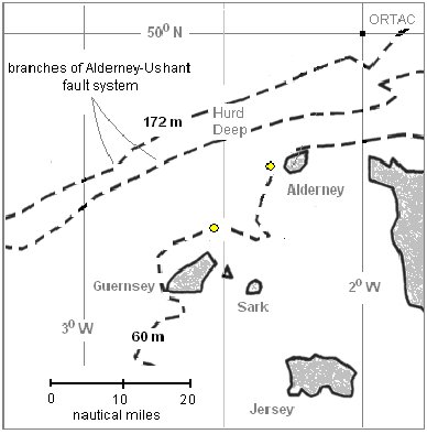 Fig.38. Approximate triangulated locations of UAPs (yellow circles) in relation to the Alderney- Ushant    fault system.