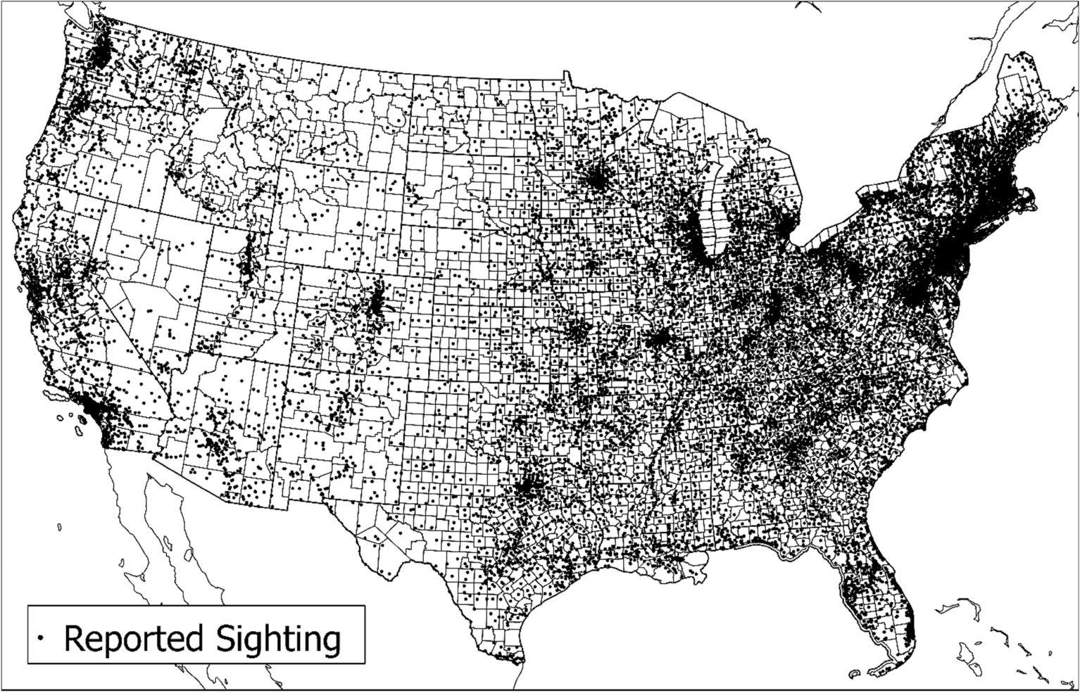 Figure 1 - NUFORC Reported Sighting Spatial Distribution for the Conterminous U.S. from 2001 to 2020 .