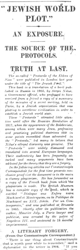 Le Times revenant sur son article de 1920, expliquant que le texte un faux littéraire