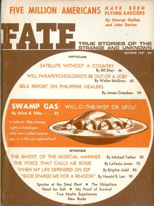 Couverture de Fate ce mois-ci, avec un article de Allen R. Utke : "Gaz des marais : feux follets ou ovni ?"