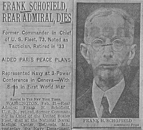 Dépèche AP relatant le décès de Schofield en 1942