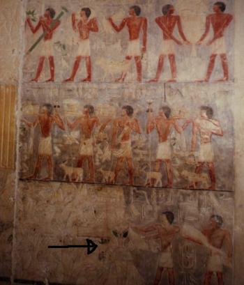 La fresque murale montrant des servants offrant de la nourriture au sage et philosophe égyptien        Ptah-Hotep (assis à la gauche par rapport à cette image)
