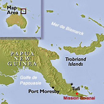 Localisation de la mission de Boianai, en Nouvelle Guinée, au Nord de l'Australie 