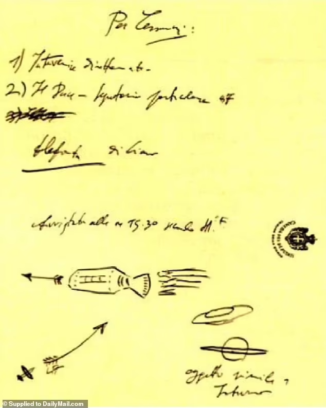 Le croquis qui accompagnait une lettre manuscrite (datée samedi 22 août 1936) reçue par Pinotti,    décrivant un appareil cylindrique avec des ouvertures sur les côtés et des lumières blanches et rouges observées    au-dessus de l'Italie du nord