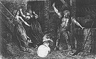 Boule de foudre semant la panique dans une ferme de Corrèze s6Gravure, 1845 < W. De Fontvielle, Eclairs        et tonnerres, Hachette, 1874, p. 57