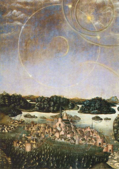 Le "tableau des lumières" d'Urban Malare (Urbain le Peintre, 1510-1586). Les trajectoires des objets        furent d'abord reproduites par Jacob Matham sur une plaque de cuivre retraçant l'observation du 20