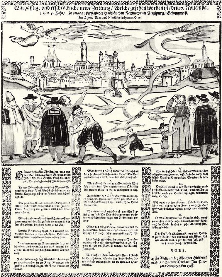 Illustration de la "boule de feu" observée à Augsburg le 17 novembre, avec le texte de la            chanson relatant l'événement