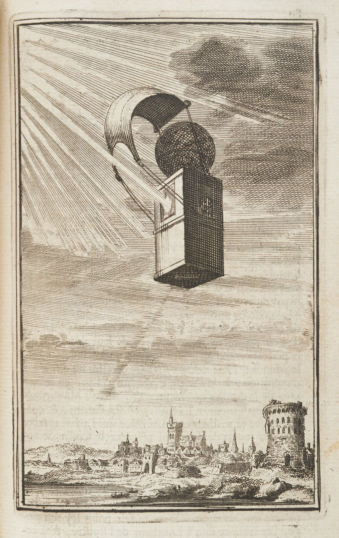 Illustration pour l'Histoire comique contenant les Estats et empires du Soleil. Dyrcona        s'envole de la tour où il était enfermé, à Toulouse, à bord d'une machine équipée        d'une voile et surmontée d'un vase en forme d'icosaèdre s1Lorenz Scherm, Amsterdam, 1710.