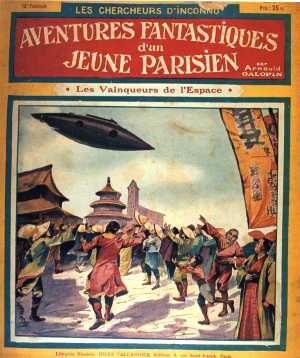 Couverture du n° des aventures fantastiques d'un jeune Parisien, montrant un véhicule "idéal" différent d'un        dirigeable et d'un aéroplane