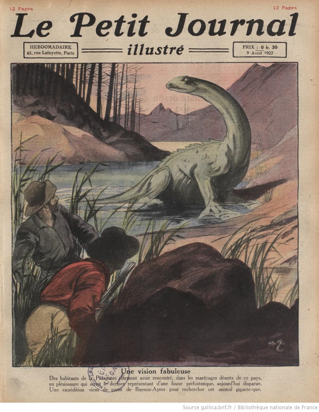 Couverture du Petit Journal Illustré le 1922-04-09, relatant la découverte d'un 'plésiosaure' dans des marécages de Patagonie
