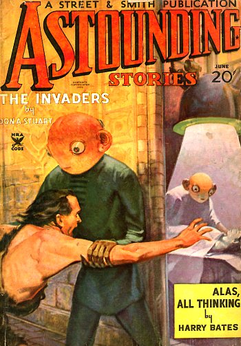 Couverture de Astounding Stories n° 4, vol. 5 de juin en juin 1935 : des extraterrestres examinent une femme tandis que son compagnon est bloqué de les empêcher
