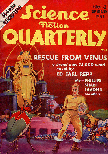 Couverture du n° de printemps de Science Fiction Quarterly,  titrant sur l'histoire d'un    astronaute forcé d'atterrir sur Vénus et devant se    battre contre ses habitants insectoïdes