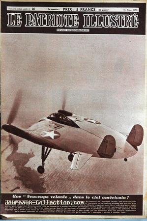 Le Patriote Illustré né 16 du dimanche 16 avril 1950, montrant le V-173 au-dessus du titre : Une "soucoupe    volante" dans le ciel américain ?