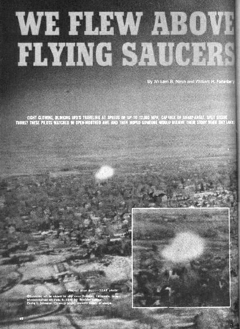 Objet blanc scintillant dans le ciel de Boulder (Colorado), photographié le 6 Février 1959 par Craig L. Johnson, un natif de Boulder. Une vue rapprocheé (à droite) révèle le détail de la forme