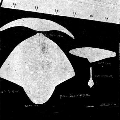 Birth of a flying saucer, in four easy steps. First, the designer's sketches are converted into mechanical drawings,    including top, side and cross-sectional views.
