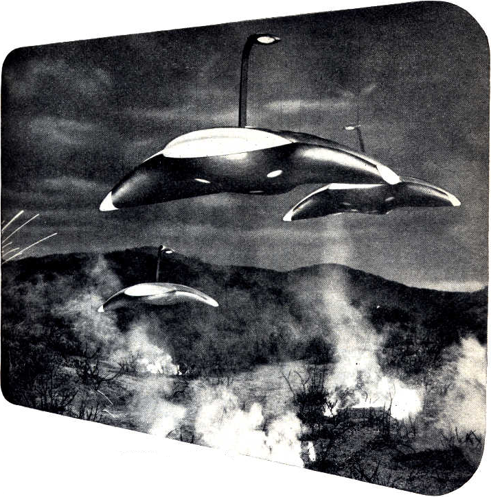 Hollywood's flying saucers resemble aerial devilfish. Wires lead to a movable platform above that "flies" them. Some    wires carry current to the saucers motors.