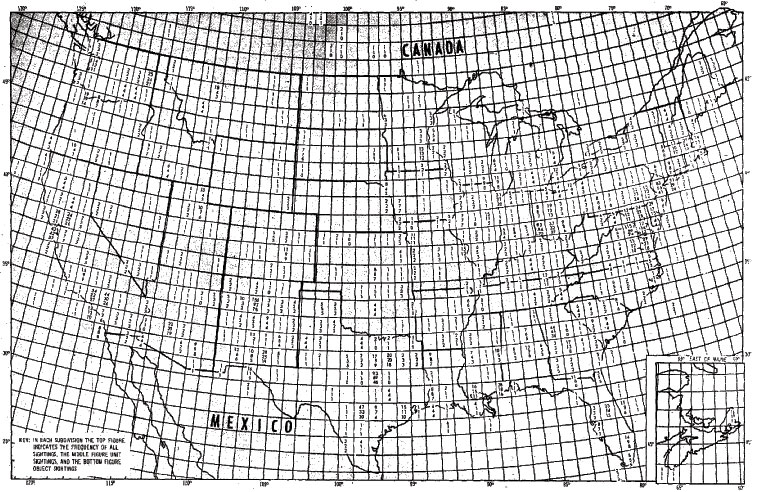 Figure 31 - Fréquence des observations d'objet, unitaires et en totalité dans les Etats-Unis 1947-1952, par subdivisions de 1 ° de latitude et longitude