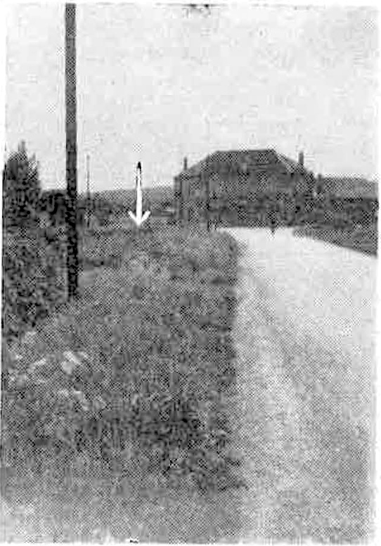 Vue prise sur la même route, mais dans la clirection opposée, à hauteur de la maison de M. Laine. La        flèche indiqne le pré attenant au corps de la ferme de M. Decuperr où M. Laine apereut, de sa fenêtre, une vive        lumière, la nuit suivante vers 3 heures du matin. - A droite de la flèche : le café s4Clichés Ouranos