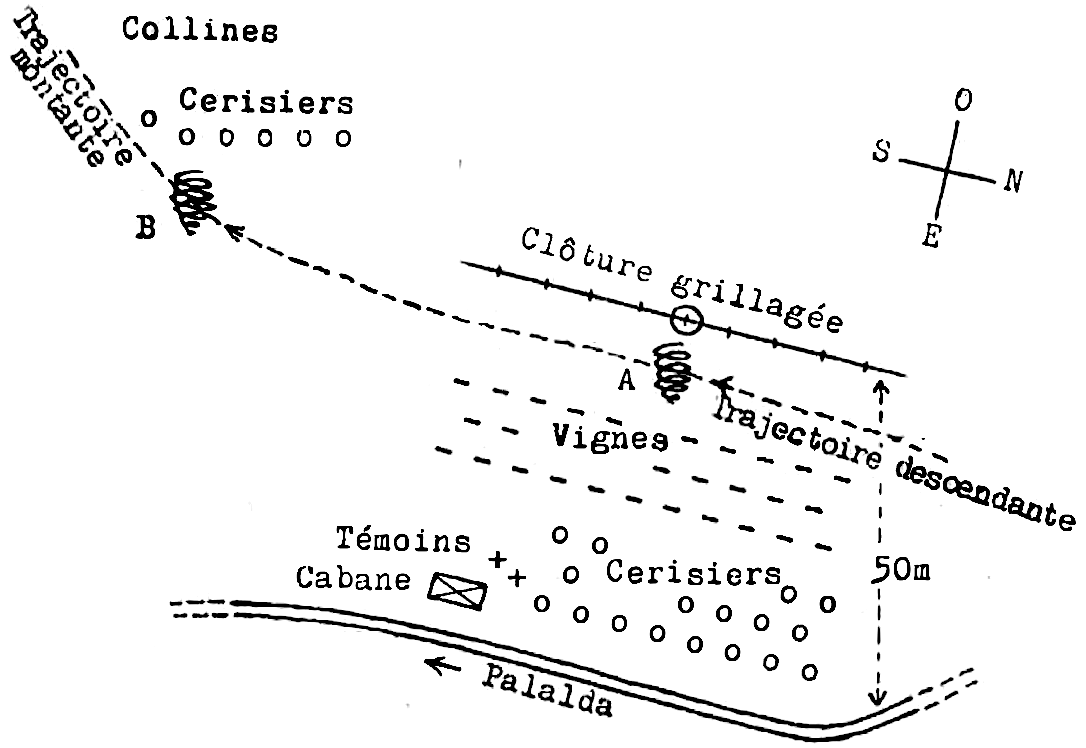 A : 1re immobilisation. B : 2e immobilisation. Au-dessus de A, entouré d'un cercle, le seul des piquets      métalliques manifestant des popriétés mngnétiques. Un mois plus tard, le troisième piquet à gauche de celui-ci      présentait un magnétisme inversé à la base.