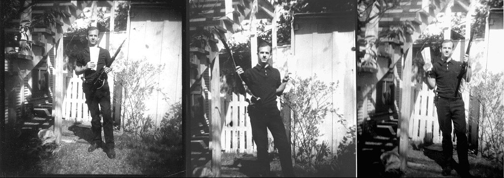 Oswald tenant son fusil dans son jardin le dimanche 31 mars, un pistolet au ceinturon s5Life. Cette photo sera constestée en raison de ses ombres ou de la posture de Oswald, mais    sera finalement authentifiée s6Farid, Hany: "The    Lee Harvey Oswald Backyard Photos: Real or Fake?" Perception, vol. 38 (11), pp. 1731-1734, 2009 s7Farid, Hany: "A 3-D    Photo Forensic Analysis of the Lee Harvey Oswald Backyard Photo", TR2010-669, Department of Computer Science, Dartmouth College, 2010-05    s8Farid, Hany & S. Pittala & E. Whiting: "A    3-D Stability Analysis of Lee Harvey Oswald in the Backyard Photo", Journal of Digital Forensics, Security and Law, 10(3): 87-98, 2015.