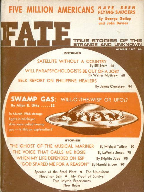 Couverture de Fate ce mois-ci, avec un article de Allen R. Utke : 'Gaz
          des marais : feux follets ou ovni ?'