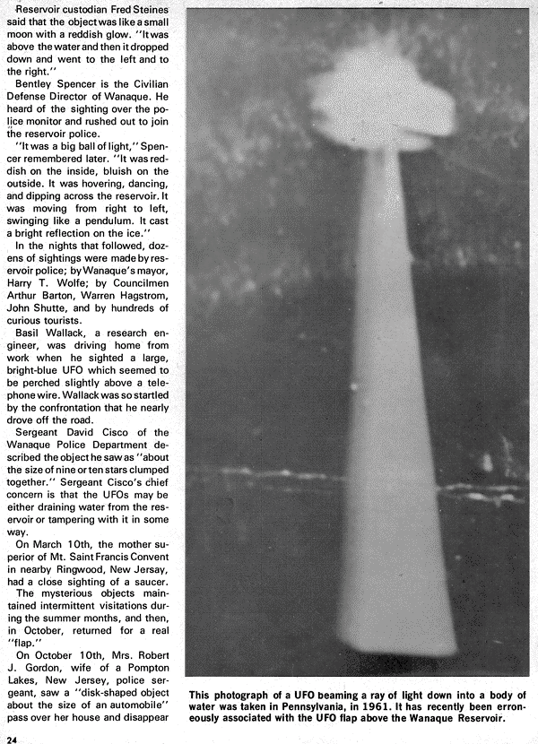 This photograph of a UFO beaming a ray of light down into a body of water was taken in Pennsylvania, in 1961. It has    recently been erroneously associated with the UFO flap above the Wanaque Reservoir.