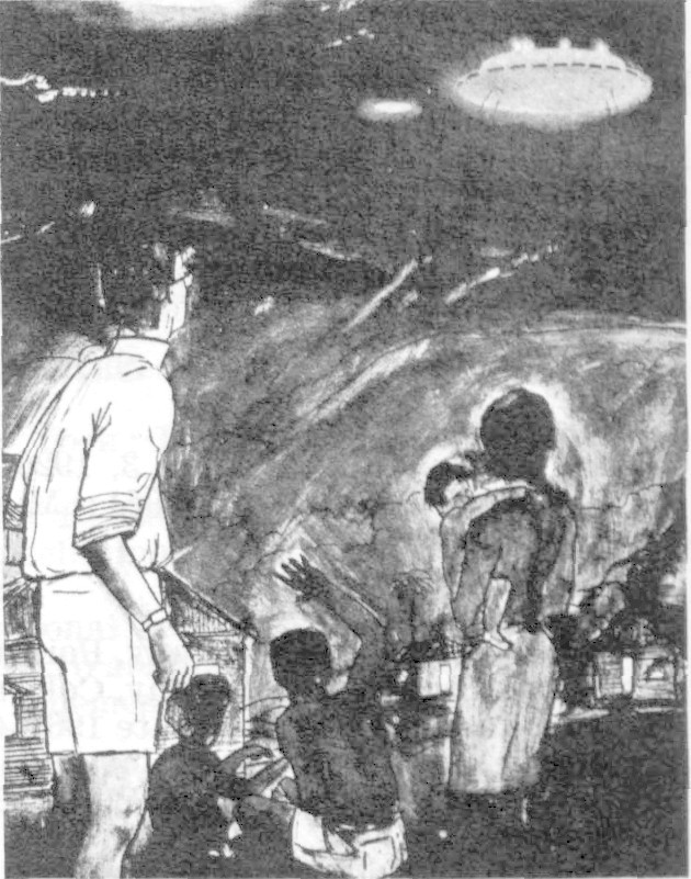 Une vue d'artiste de l'observation de Boiani Nouvelle Guinée, les 26-27 Juin 1959. L'objet est représenté d'après les croquis fait par les témoins à l'époque. Notez les 2 autres objets en l'air à une plus grande distance