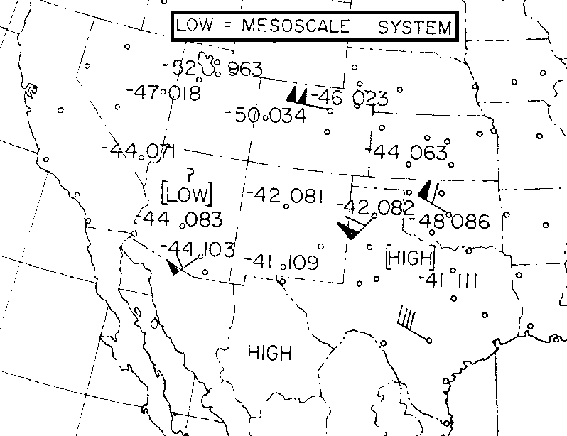 Figure 10 - Carte météo synoptique - Graphe de pression constante, 300 mb, M. S. I. de près de 30 000 pieds - mardi 27 janvier 1953 à 03 h    s1Image des USA recadrée pour n'inclure que les données météo